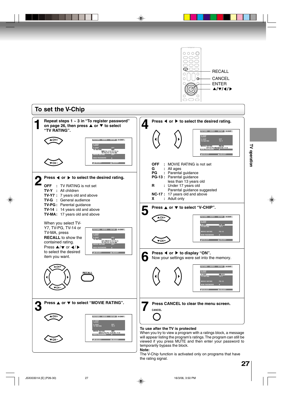 Tv operation, Enter recall, Cancel | Toshiba 15DLV16 User Manual | Page 27 / 60