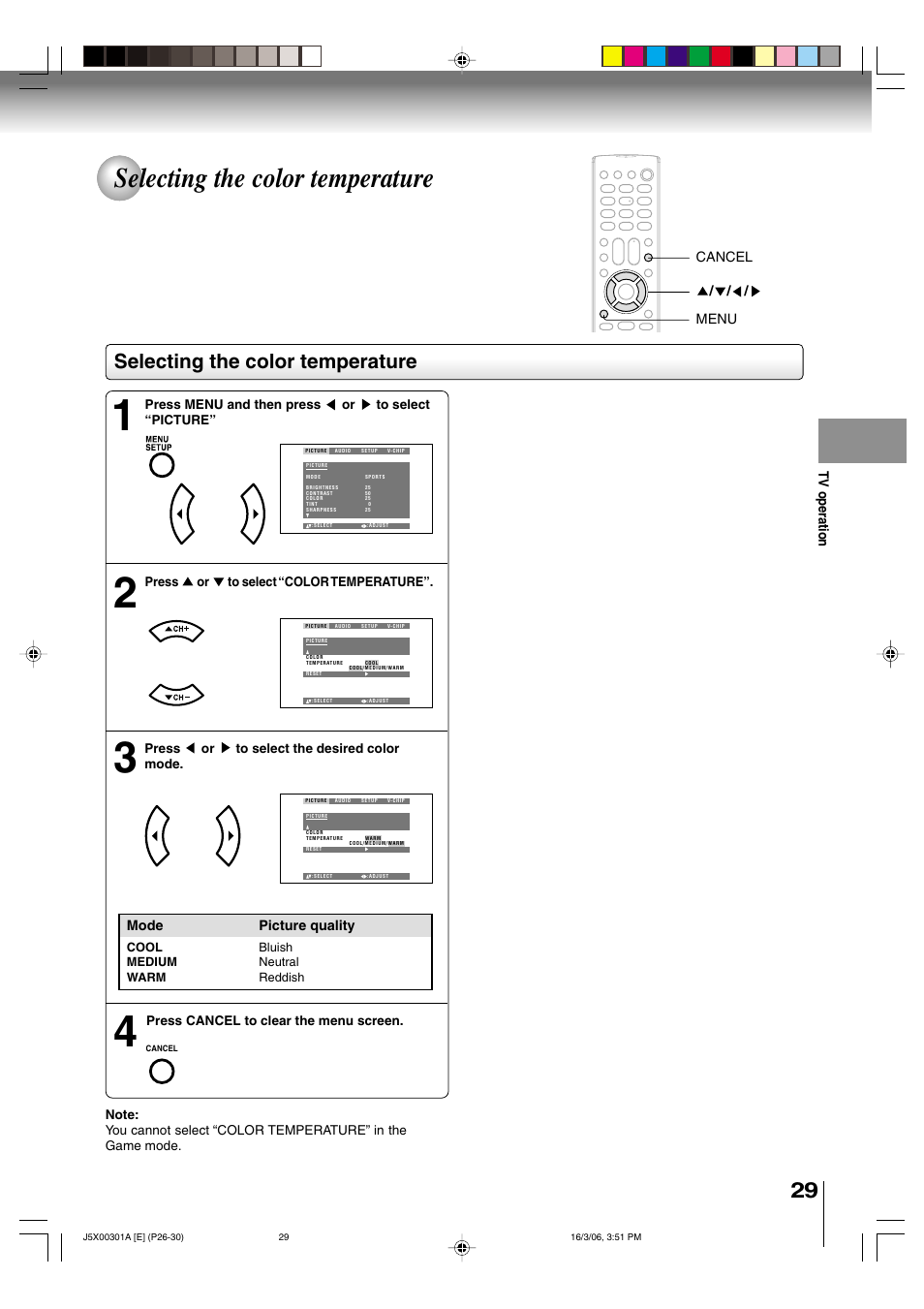 Selecting the color temperature | Toshiba 15DLV16 User Manual | Page 29 / 60