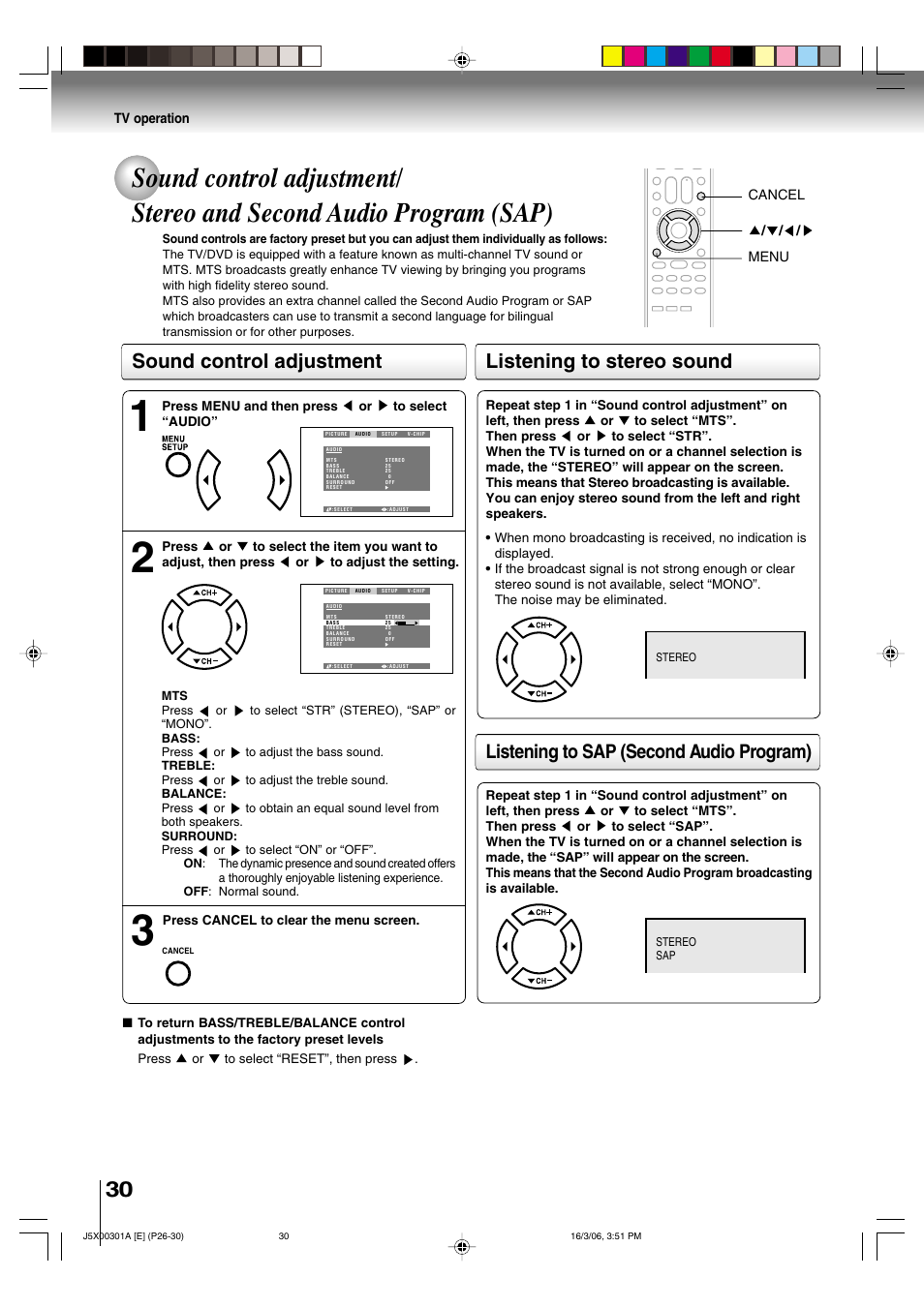 Listening to stereo sound, Listening to sap (second audio program), Sound control adjustment | Toshiba 15DLV16 User Manual | Page 30 / 60