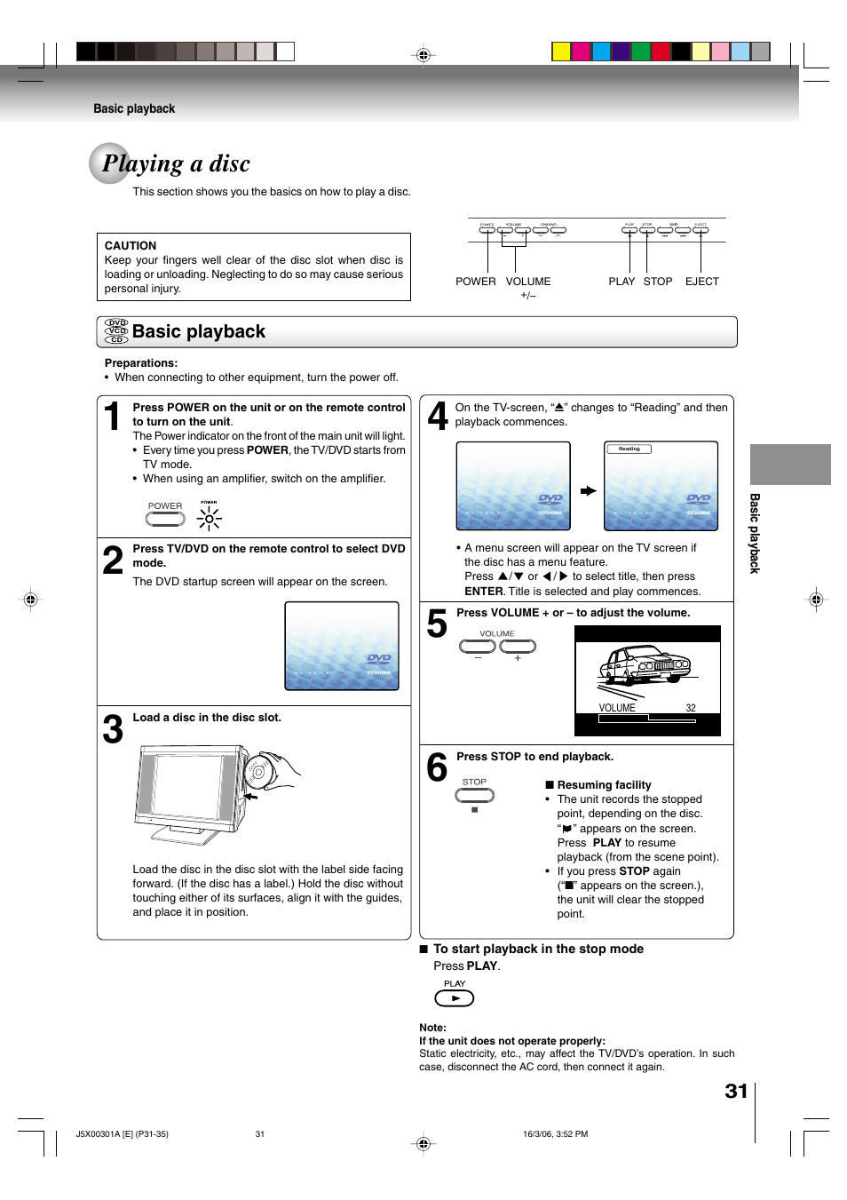 Playing a disc, Basic playback | Toshiba 15DLV16 User Manual | Page 31 / 60