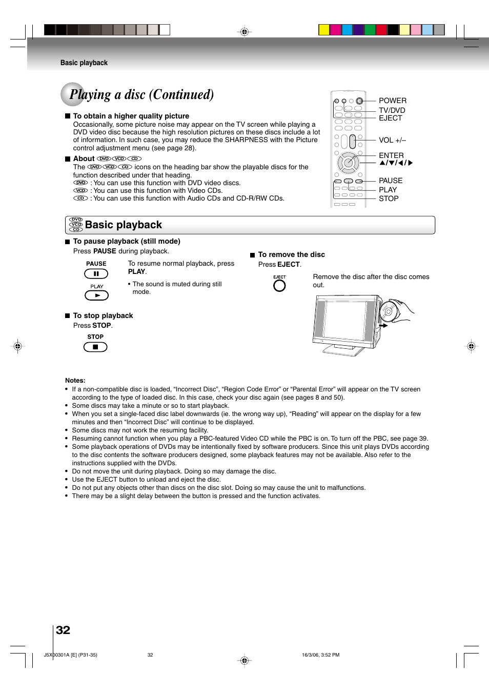 Playing a disc (continued), Basic playback | Toshiba 15DLV16 User Manual | Page 32 / 60