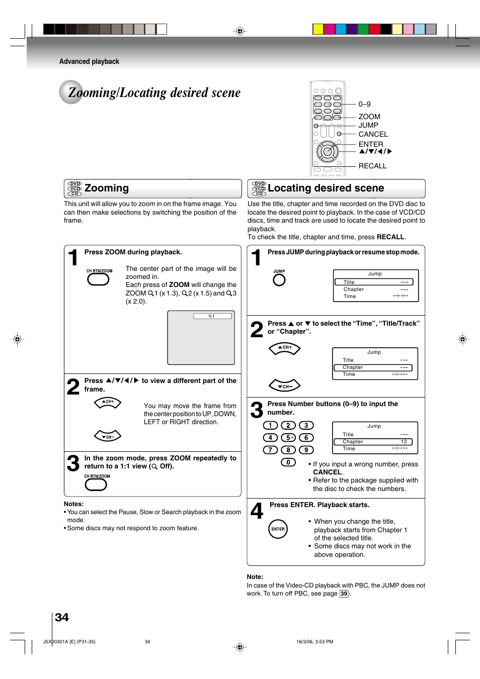 Zooming/locating desired scene, Zooming, Locating desired scene | Toshiba 15DLV16 User Manual | Page 34 / 60