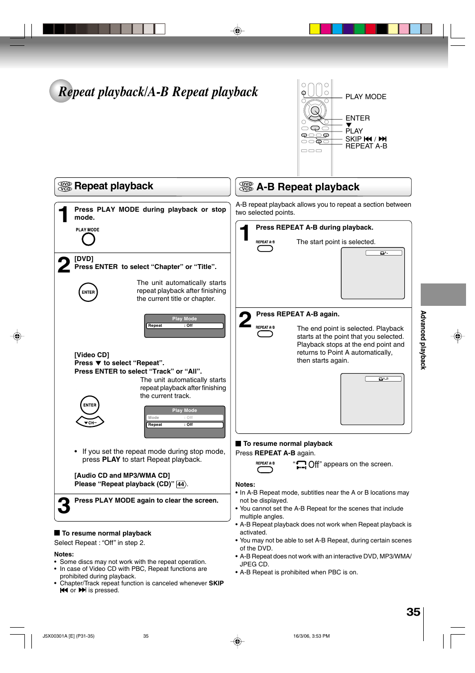 Repeat playback/a-b repeat playback, A-b repeat playback repeat playback | Toshiba 15DLV16 User Manual | Page 35 / 60