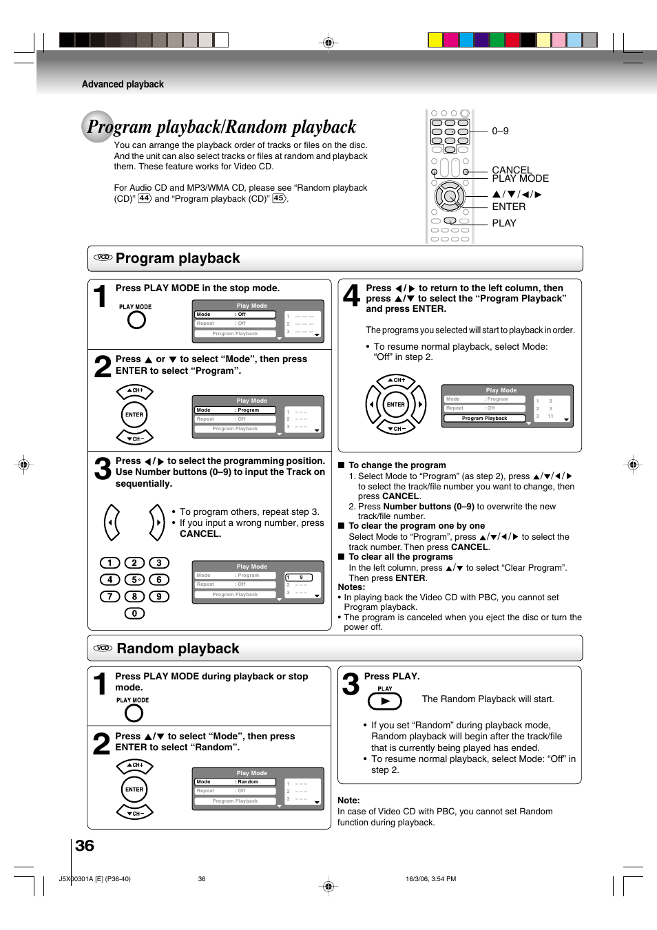 Program playback/random playback, Program playback, Random playback | Toshiba 15DLV16 User Manual | Page 36 / 60