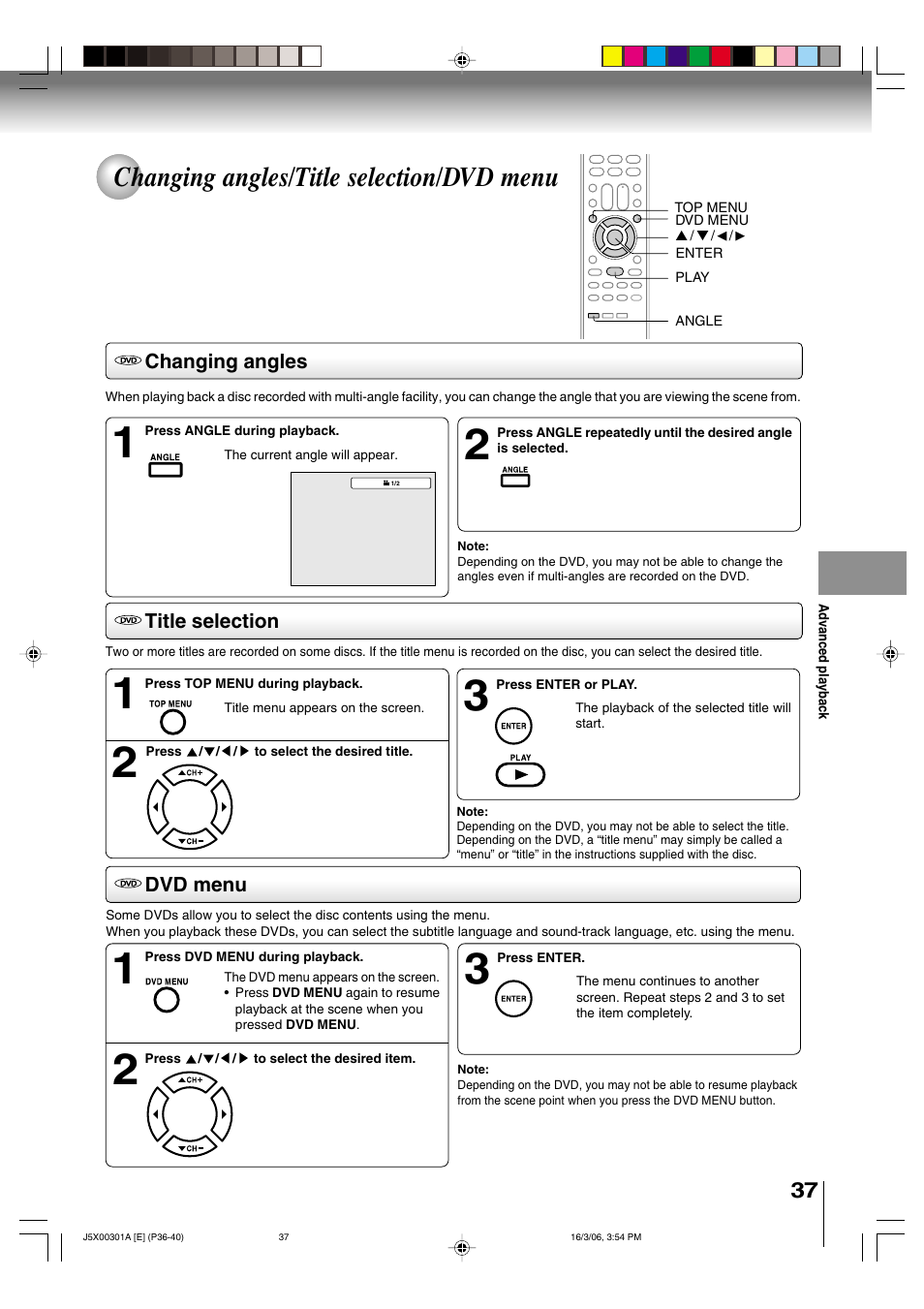 Changing angles/title selection/dvd menu | Toshiba 15DLV16 User Manual | Page 37 / 60