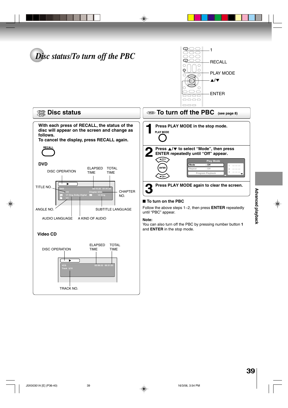 Disc status/to turn off the pbc, Disc status | Toshiba 15DLV16 User Manual | Page 39 / 60