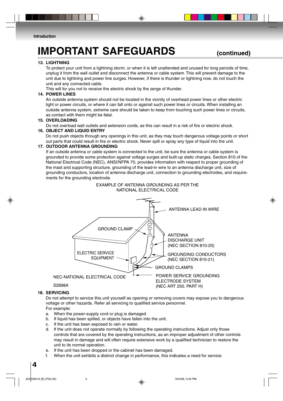 Important safeguards, Continued) | Toshiba 15DLV16 User Manual | Page 4 / 60