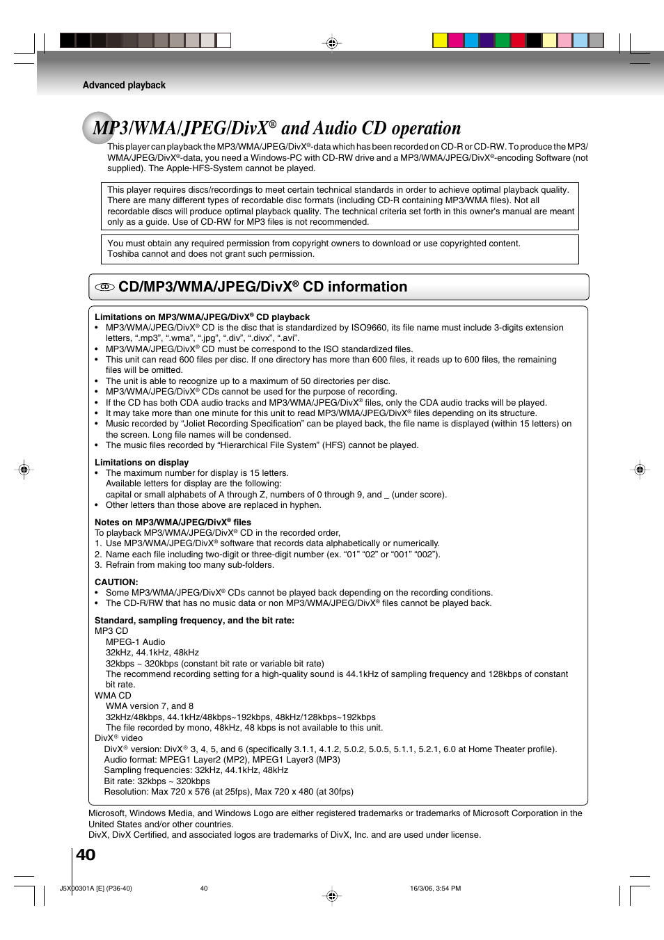 Mp3/wma/jpeg/divx, And audio cd operation, Cd/mp3/wma/jpeg/divx | Cd information | Toshiba 15DLV16 User Manual | Page 40 / 60