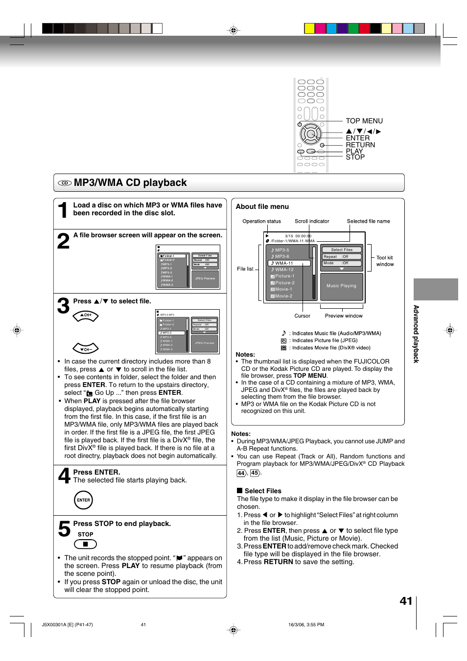 Mp3/wma cd playback | Toshiba 15DLV16 User Manual | Page 41 / 60