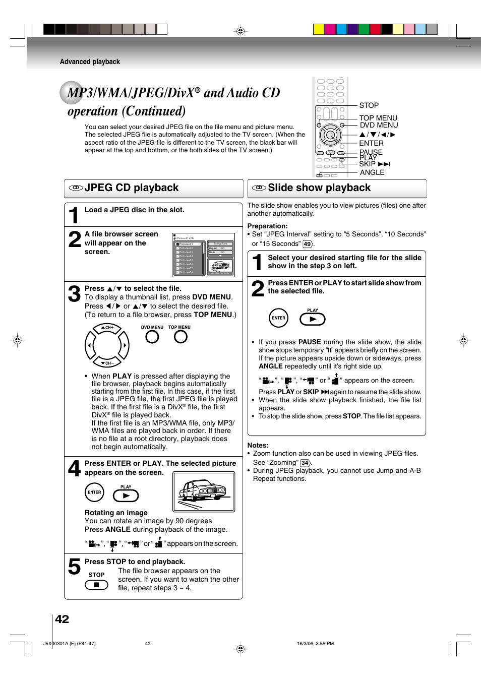 Mp3/wma/jpeg/divx, And audio cd operation (continued), Jpeg cd playback | Slide show playback | Toshiba 15DLV16 User Manual | Page 42 / 60