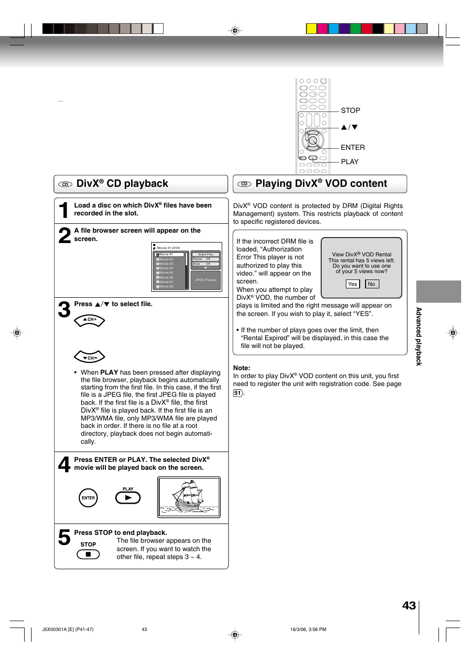 Divx, Cd playback, Playing divx | Vod content | Toshiba 15DLV16 User Manual | Page 43 / 60