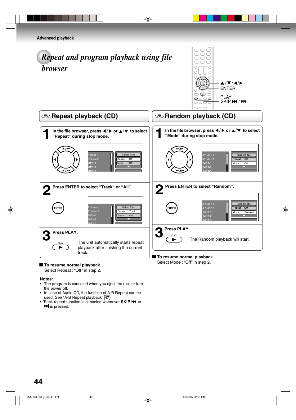 Repeat and program playback using file browser, Repeat playback (cd), Random playback (cd) | Toshiba 15DLV16 User Manual | Page 44 / 60