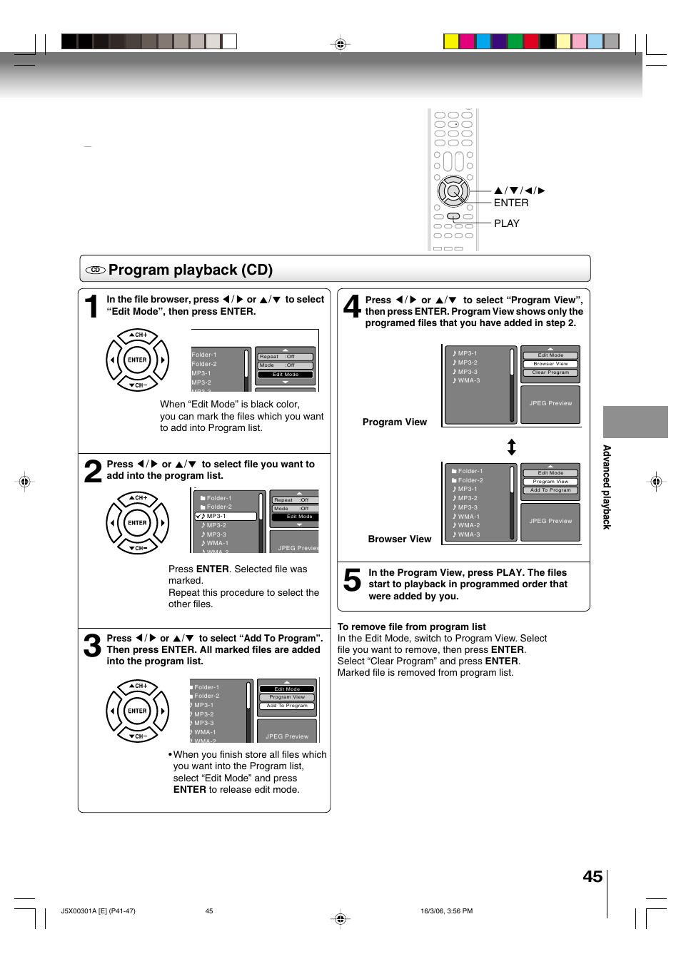 Program playback (cd) | Toshiba 15DLV16 User Manual | Page 45 / 60