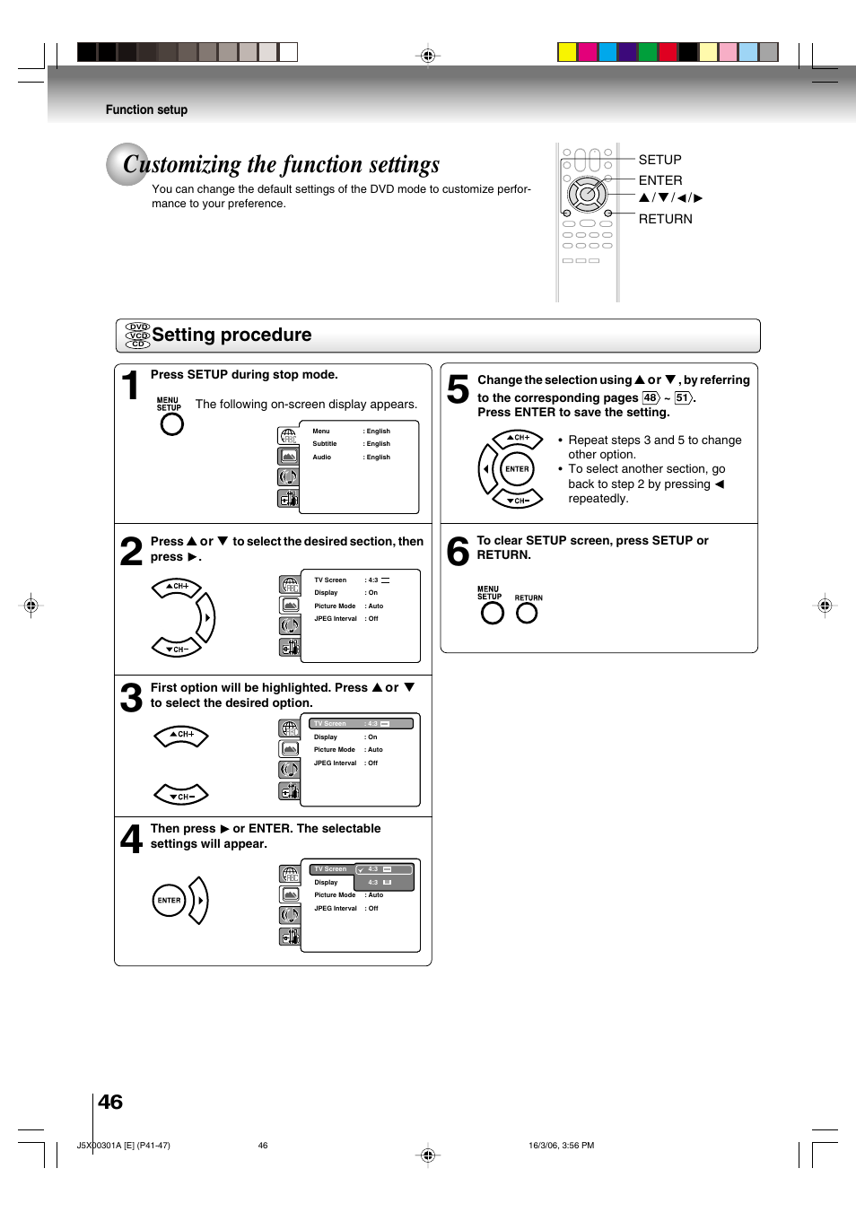 Customizing the function settings, Setting procedure, Function setup | Enter ▲ / ▼ / / return setup | Toshiba 15DLV16 User Manual | Page 46 / 60