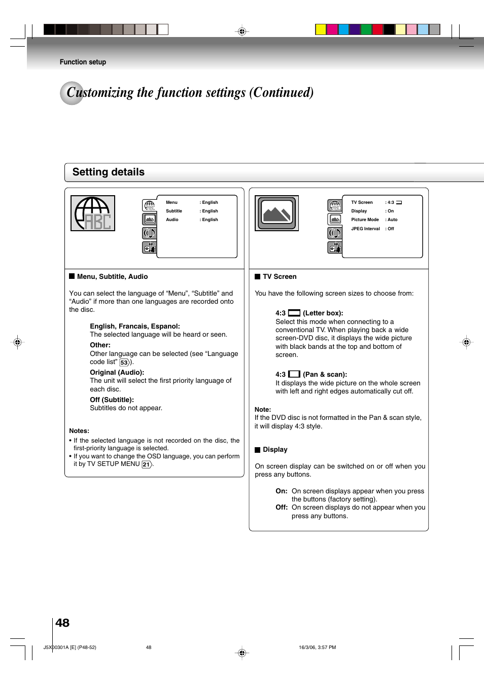 Customizing the function settings (continued), Setting details, Function setup | Toshiba 15DLV16 User Manual | Page 48 / 60