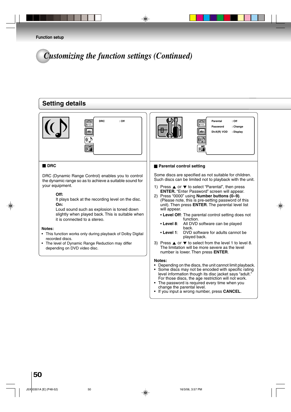 Customizing the function settings (continued), Setting details, Function setup | Toshiba 15DLV16 User Manual | Page 50 / 60