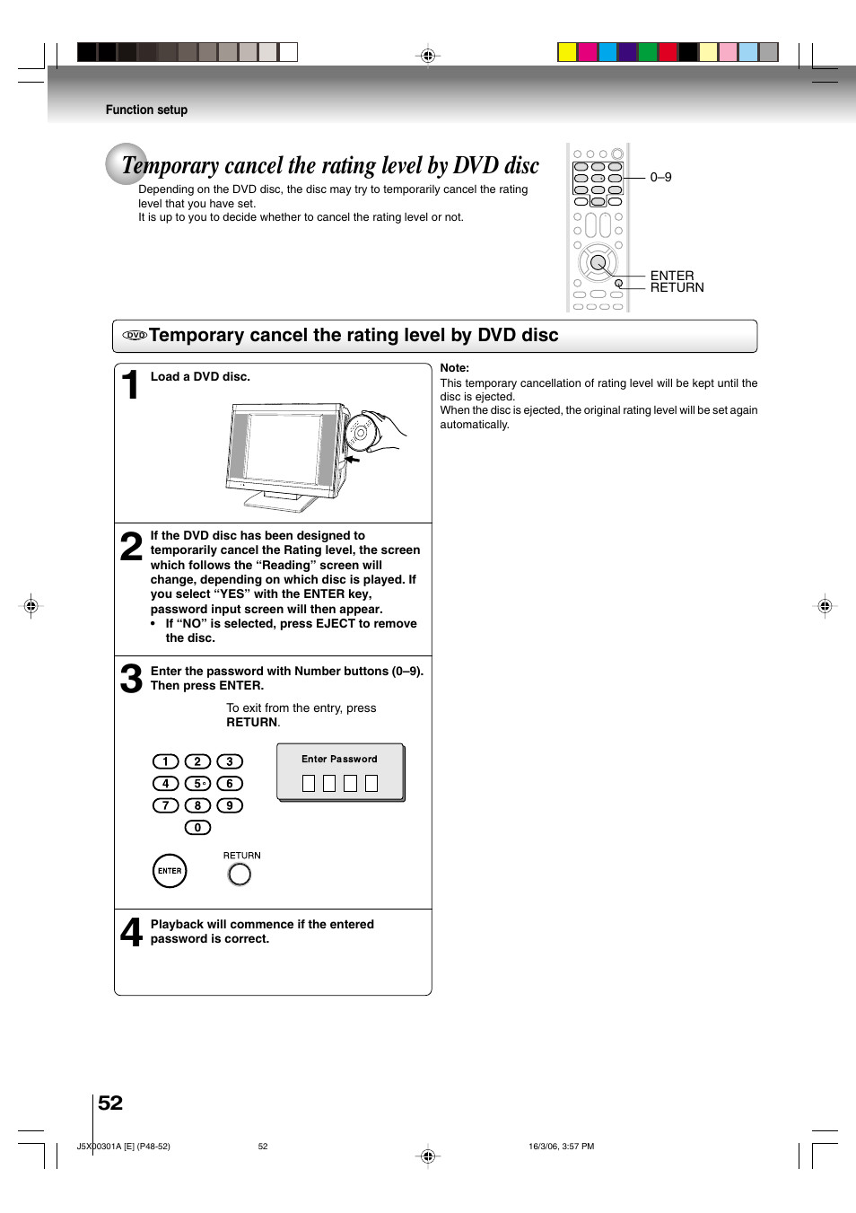 Temporary cancel the rating level by dvd disc | Toshiba 15DLV16 User Manual | Page 52 / 60