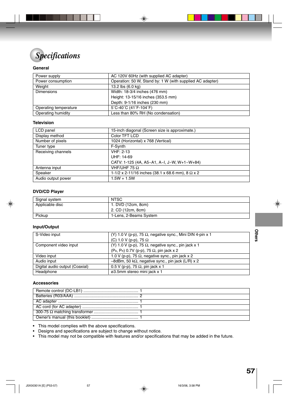 Specifications | Toshiba 15DLV16 User Manual | Page 57 / 60