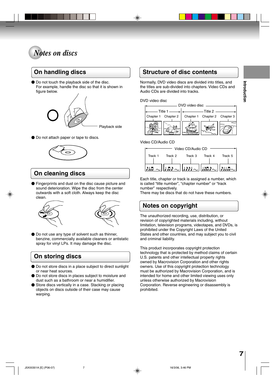 Structure of disc contents, On handling discs, On cleaning discs | On storing discs | Toshiba 15DLV16 User Manual | Page 7 / 60