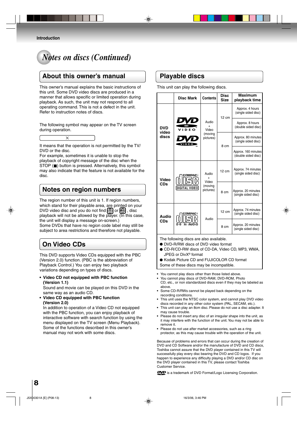 Playable discs, About this owner’s manual, On video cds | Toshiba 15DLV16 User Manual | Page 8 / 60