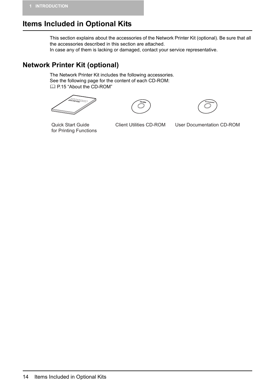 Items included in optional kits, Network printer kit (optional) | Toshiba Multifunctional Digital System GA-1190 User Manual | Page 16 / 62