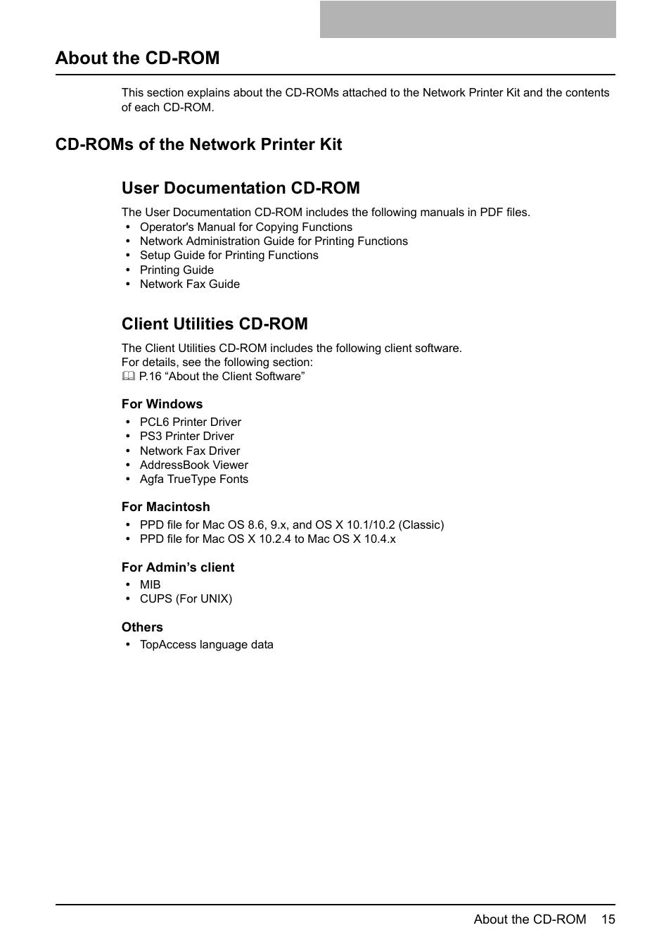 About the cd-rom, Cd-roms of the network printer kit, Client utilities cd-rom | Toshiba Multifunctional Digital System GA-1190 User Manual | Page 17 / 62