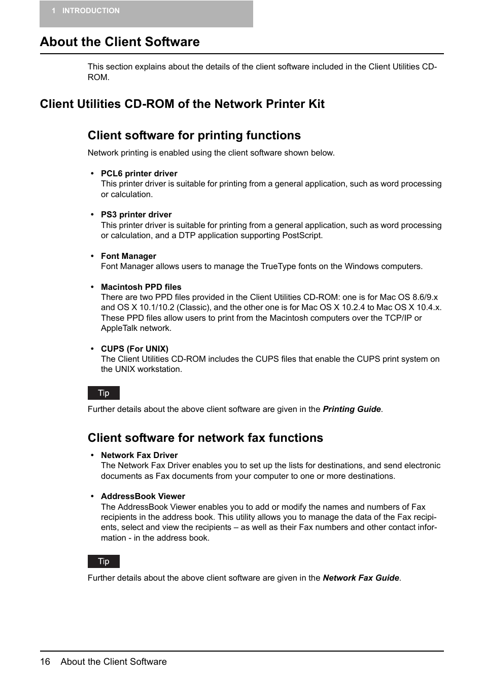 About the client software, Client utilities cd-rom of the network printer kit, Client software for network fax functions | Toshiba Multifunctional Digital System GA-1190 User Manual | Page 18 / 62