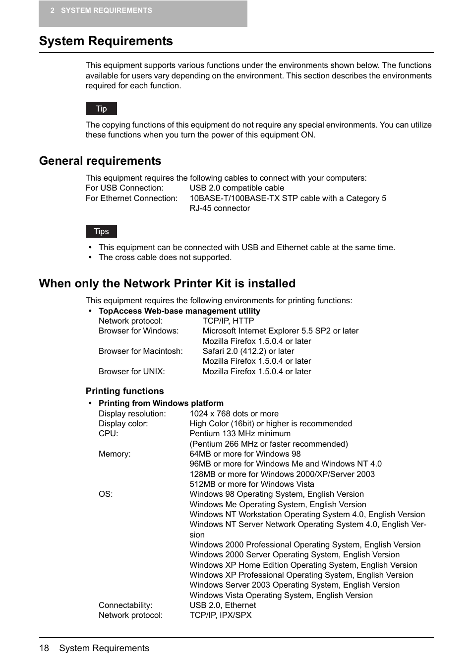 System requirements, General requirements, When only the network printer kit is installed | Toshiba Multifunctional Digital System GA-1190 User Manual | Page 20 / 62