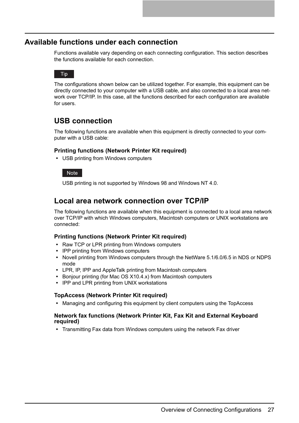 Available functions under each connection, Usb connection, Local area network connection over tcp/ip | Toshiba Multifunctional Digital System GA-1190 User Manual | Page 29 / 62