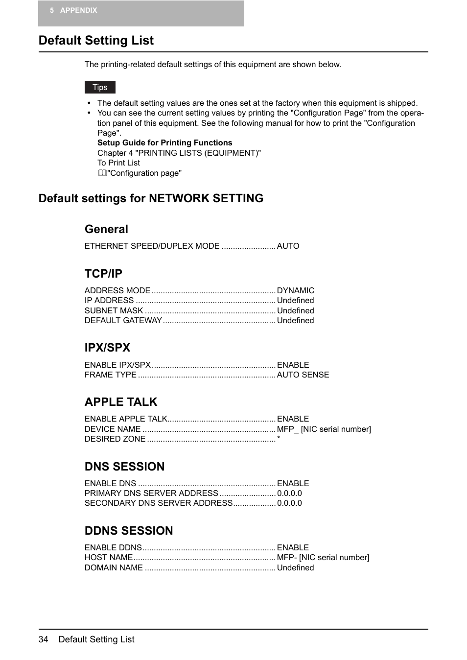 Default setting list, Default settings for network setting, Default settings for network setting general | Tcp/ip, Ipx/spx, Apple talk, Dns session, Ddns session | Toshiba Multifunctional Digital System GA-1190 User Manual | Page 36 / 62