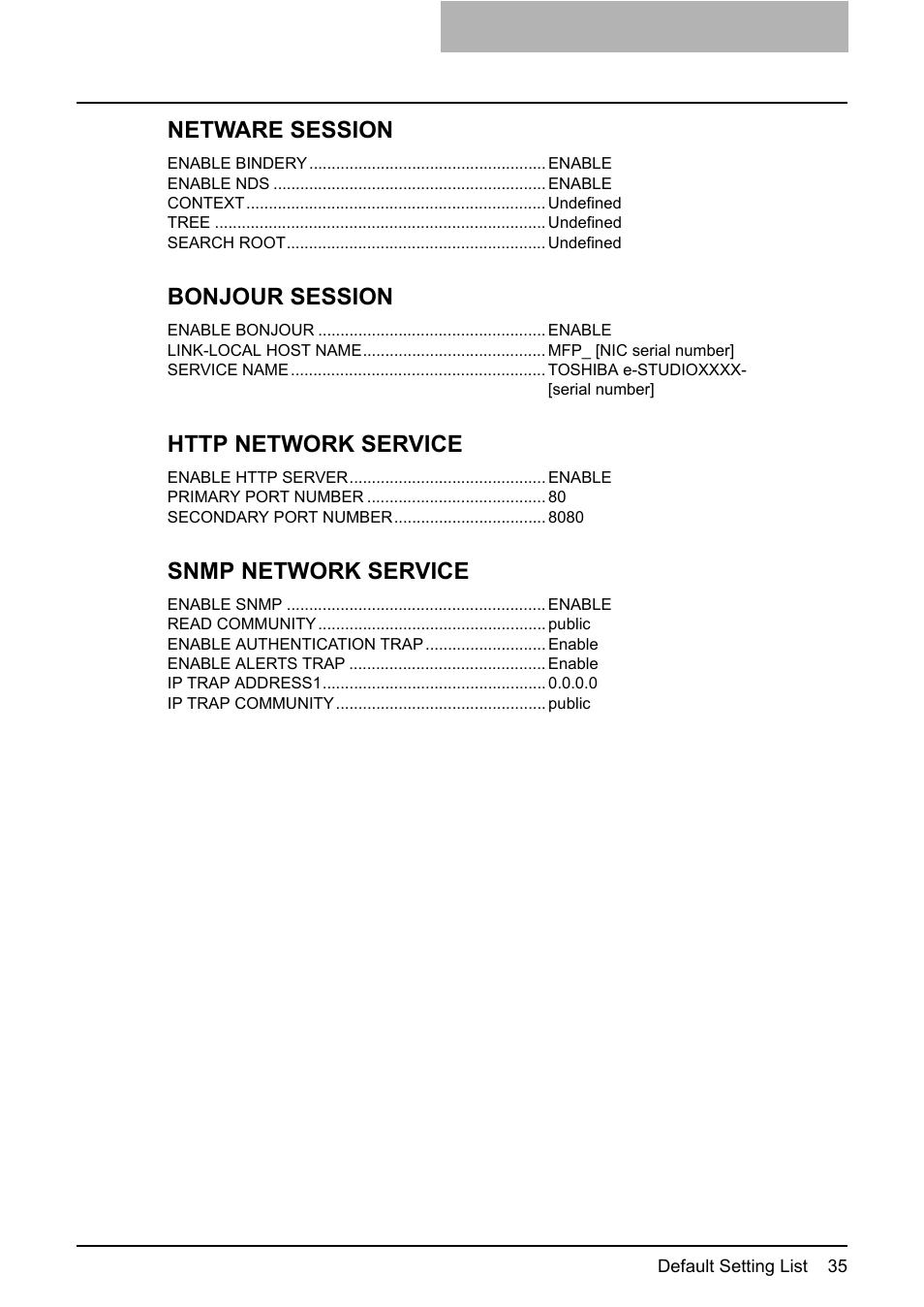 Netware session, Bonjour session, Snmp network service | Toshiba Multifunctional Digital System GA-1190 User Manual | Page 37 / 62