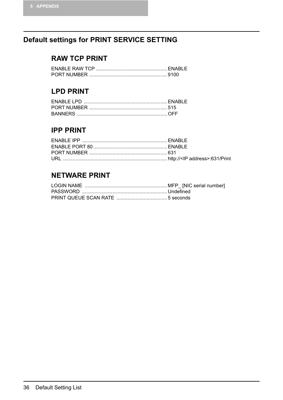 Default settings for print service setting, Lpd print, Ipp print | Netware print | Toshiba Multifunctional Digital System GA-1190 User Manual | Page 38 / 62