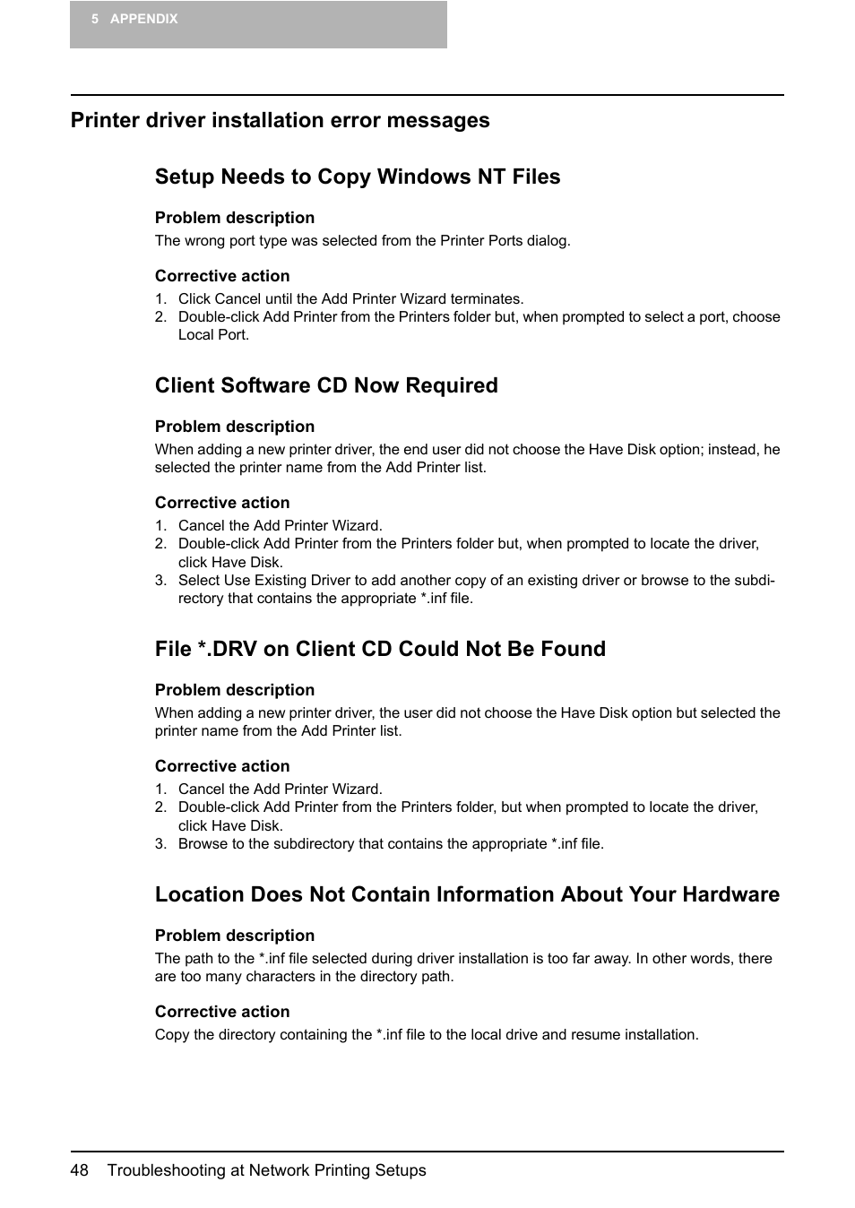 Printer driver installation error messages, P.48 “printer driver installation error mes, Sages | Client software cd now required, File *.drv on client cd could not be found | Toshiba Multifunctional Digital System GA-1190 User Manual | Page 50 / 62
