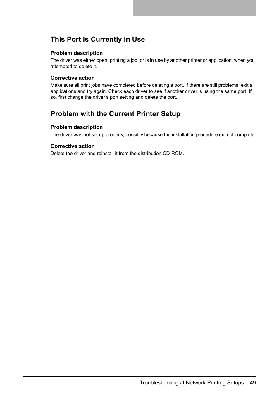 This port is currently in use, Problem with the current printer setup | Toshiba Multifunctional Digital System GA-1190 User Manual | Page 51 / 62