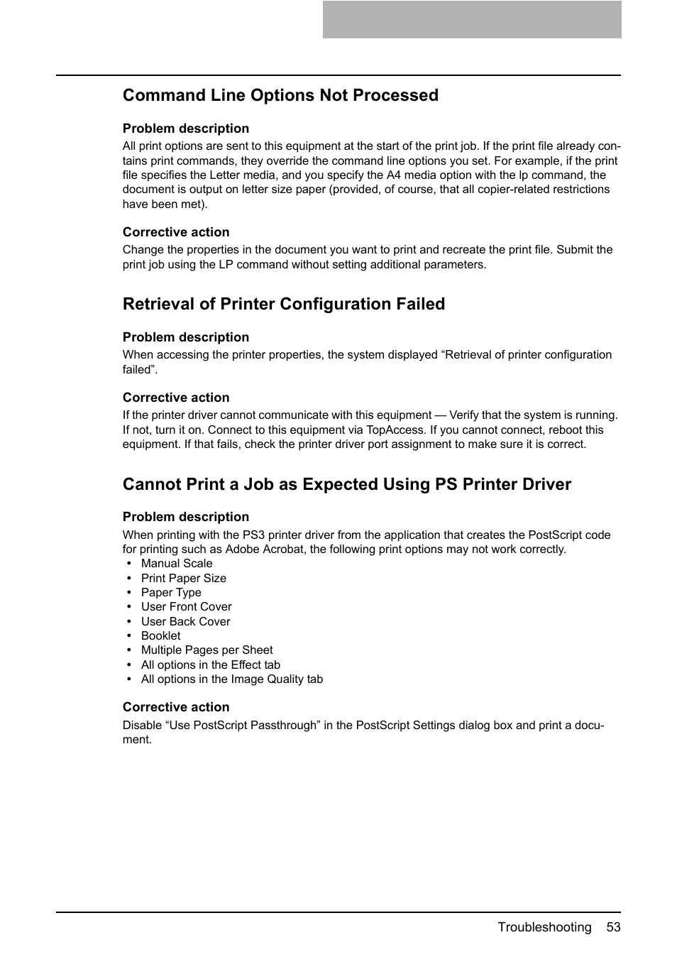 Command line options not processed, Retrieval of printer configuration failed | Toshiba Multifunctional Digital System GA-1190 User Manual | Page 55 / 62