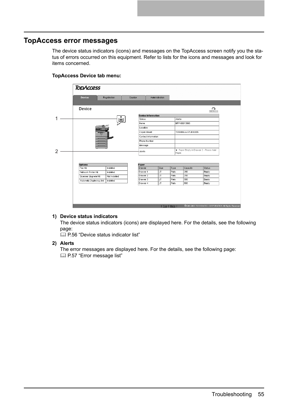 Topaccess error messages, P.55 “topaccess error mes, Sages | Toshiba Multifunctional Digital System GA-1190 User Manual | Page 57 / 62