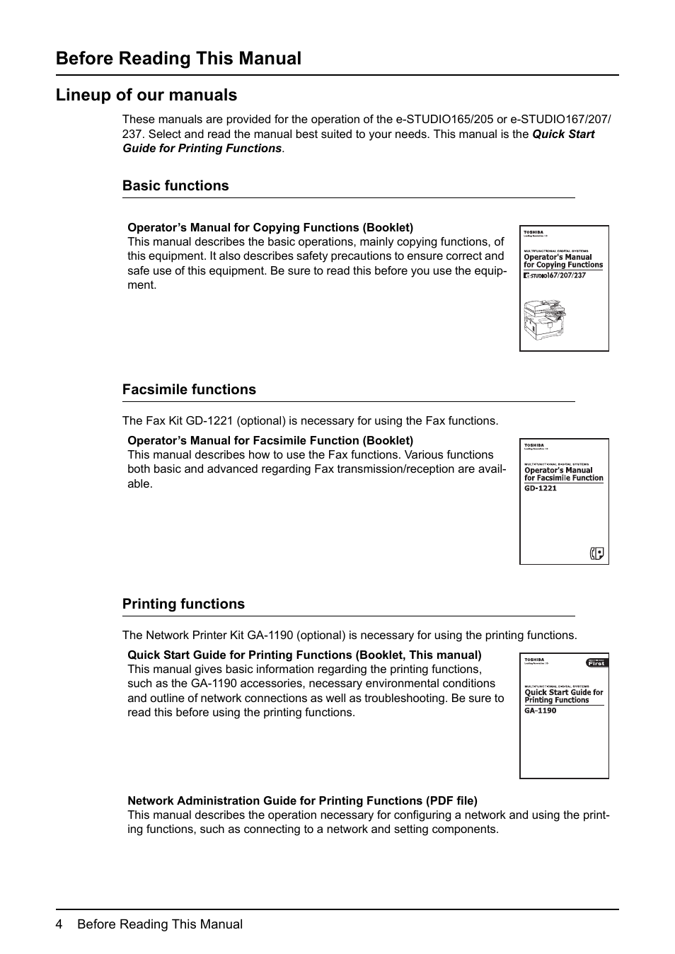 Before reading this manual, Lineup of our manuals | Toshiba Multifunctional Digital System GA-1190 User Manual | Page 6 / 62