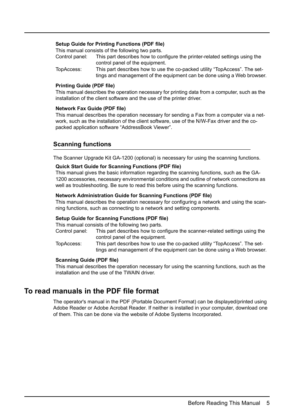 To read manuals in the pdf file format | Toshiba Multifunctional Digital System GA-1190 User Manual | Page 7 / 62