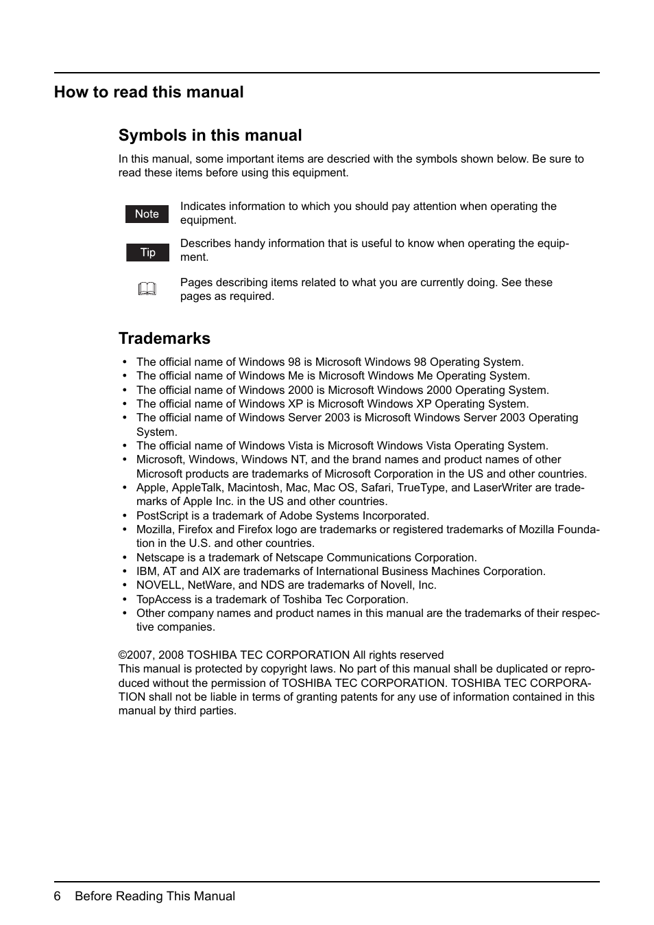 How to read this manual, How to read this manual symbols in this manual, Trademarks | Toshiba Multifunctional Digital System GA-1190 User Manual | Page 8 / 62