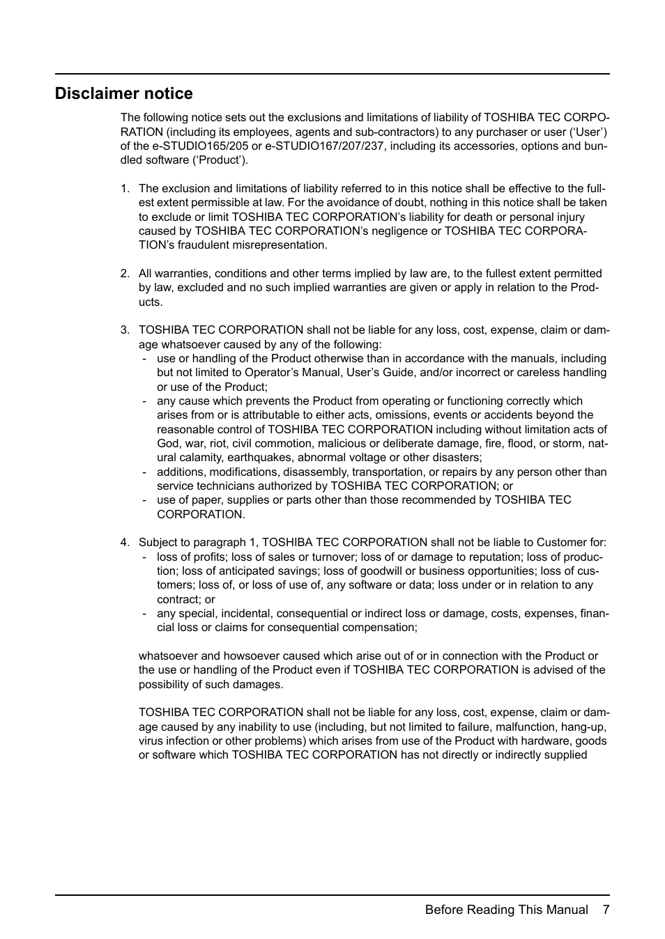 Disclaimer notice | Toshiba Multifunctional Digital System GA-1190 User Manual | Page 9 / 62