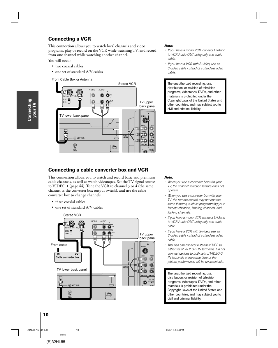 Connecting a vcr, Connecting a cable converter box and vcr, Connecting y our t v | Toshiba 32HL85 User Manual | Page 10 / 58