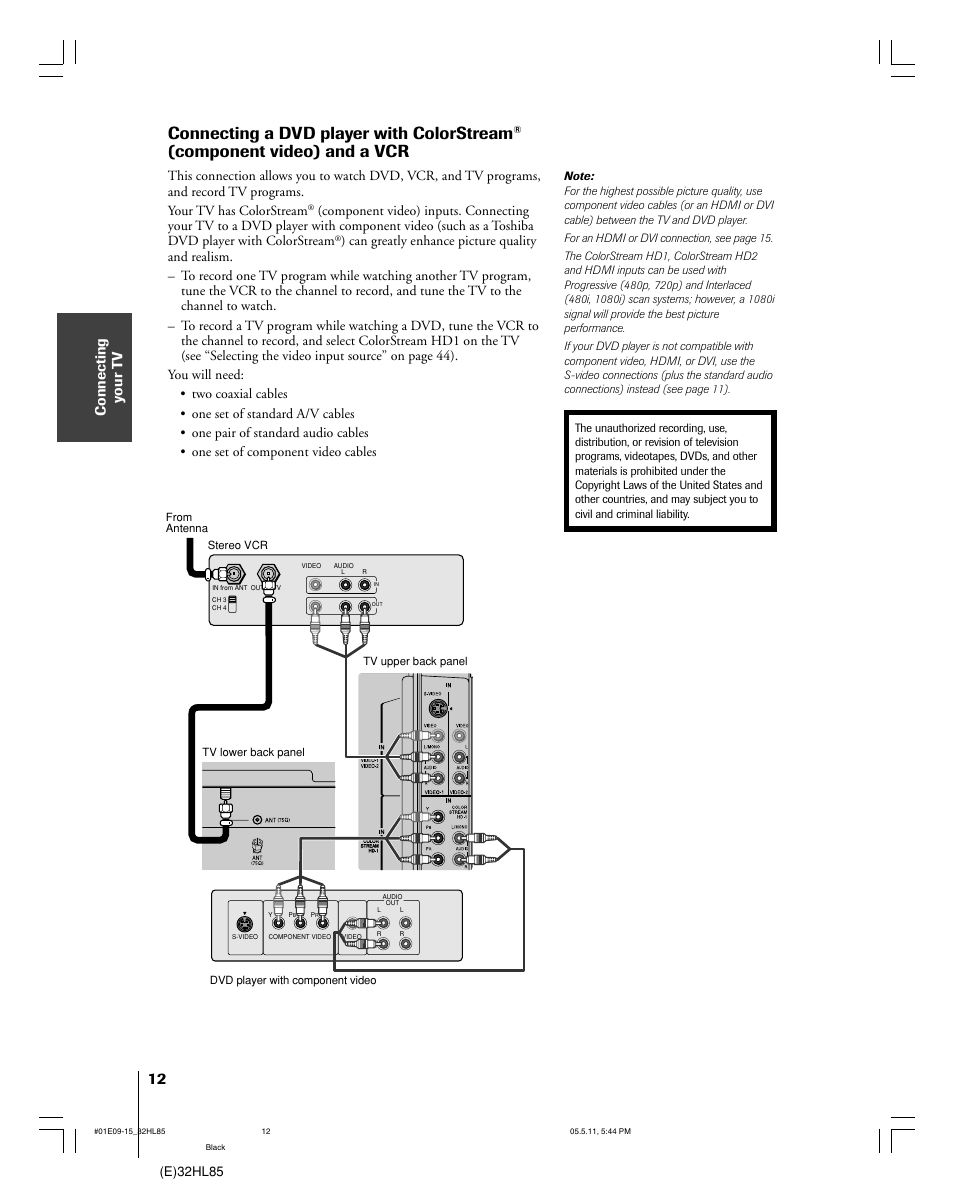 Connecting a dvd player with colorstream, Component video) and a vcr, Connecting y our t v | E)32hl85 | Toshiba 32HL85 User Manual | Page 12 / 58