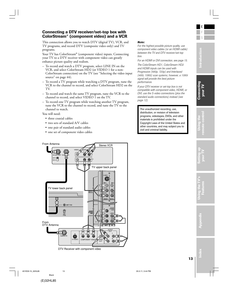 Component video) and a vcr | Toshiba 32HL85 User Manual | Page 13 / 58