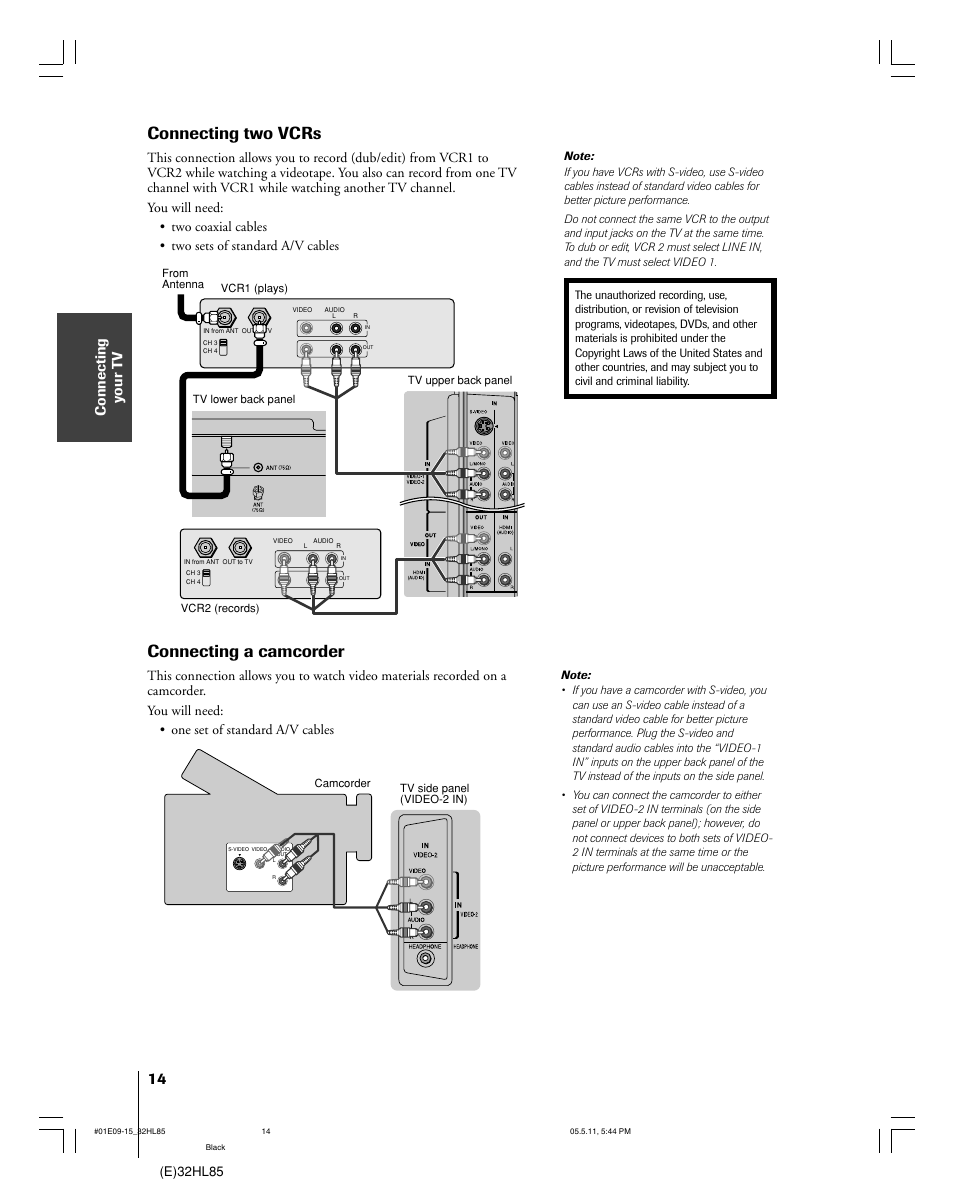 Connecting two vcrs, Connecting a camcorder, Connecting y our t v | E)32hl85 | Toshiba 32HL85 User Manual | Page 14 / 58