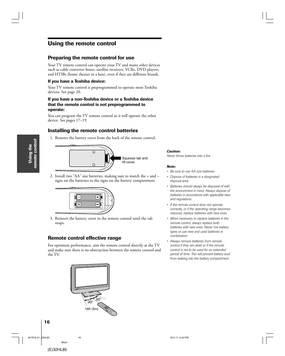 Using the remote control, Preparing the remote control for use, Installing the remote control batteries | Remote control effective range | Toshiba 32HL85 User Manual | Page 16 / 58