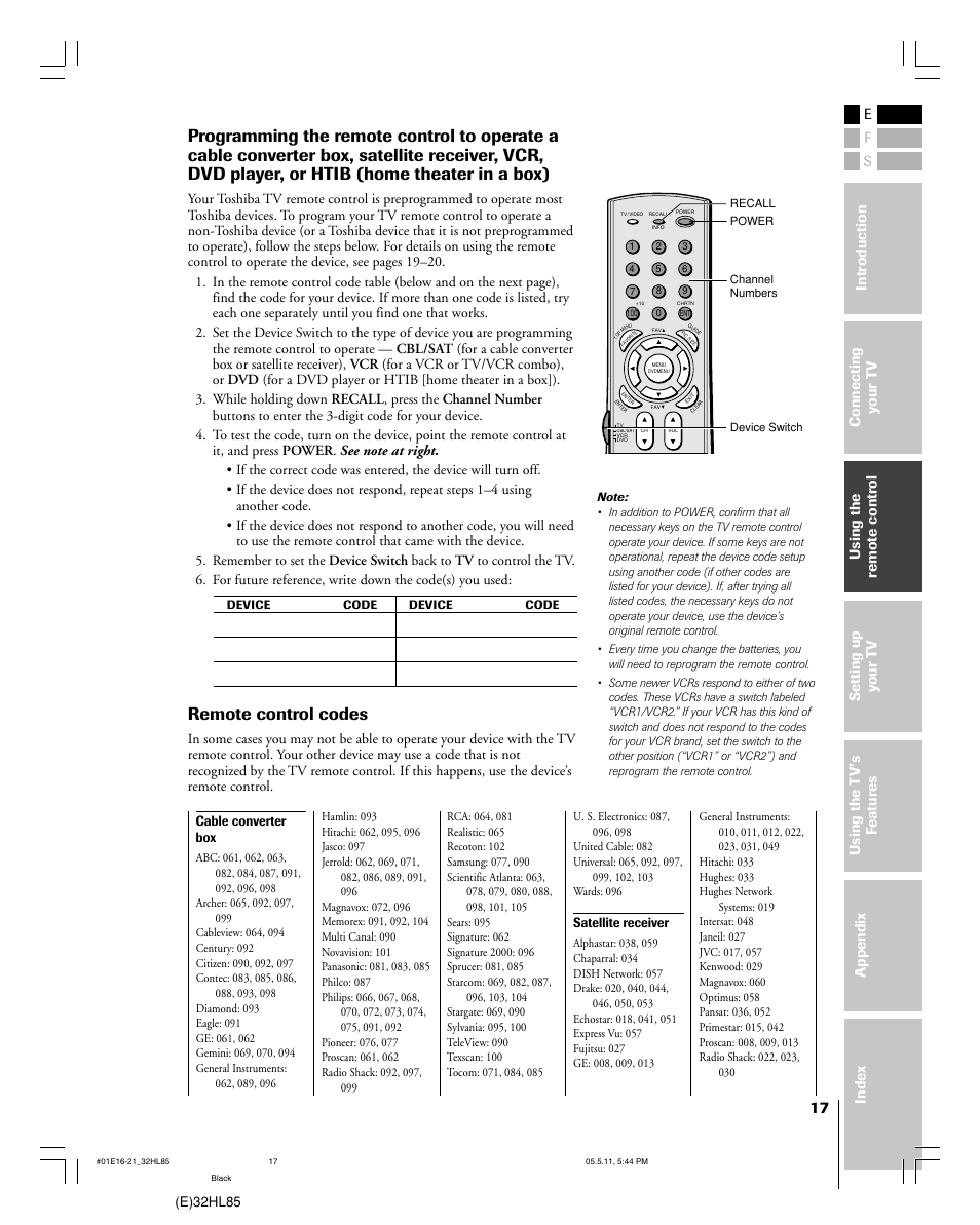 Remote control codes, E)32hl85, Cable converter box | Satellite receiver | Toshiba 32HL85 User Manual | Page 17 / 58