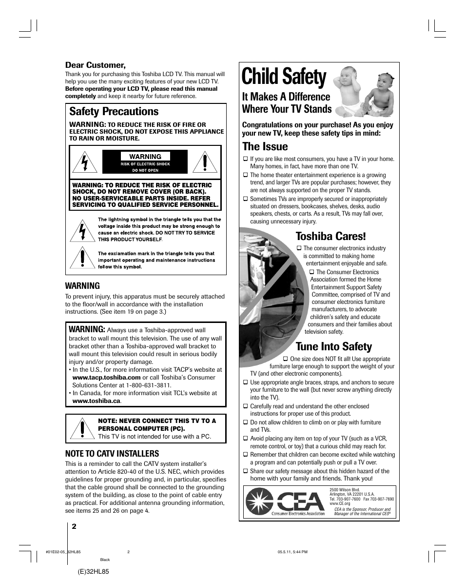 Child safety, Safety precautions, It makes a difference where your tv stands | The issue, Toshiba cares, Tune into safety, Warning | Toshiba 32HL85 User Manual | Page 2 / 58