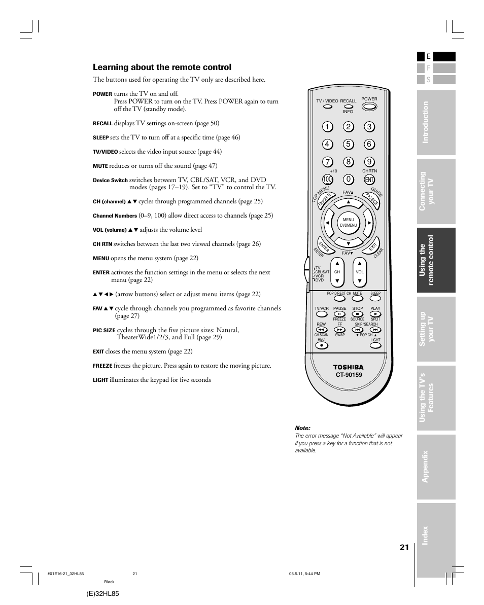 Learning about the remote control | Toshiba 32HL85 User Manual | Page 21 / 58