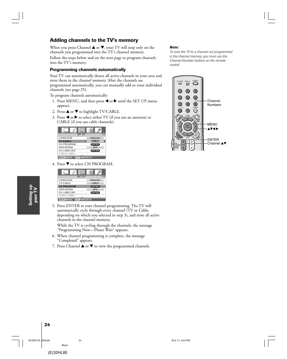 Setting up y our t v, Programming channels automatically, E)32hl85 | Press z to select ch program | Toshiba 32HL85 User Manual | Page 24 / 58