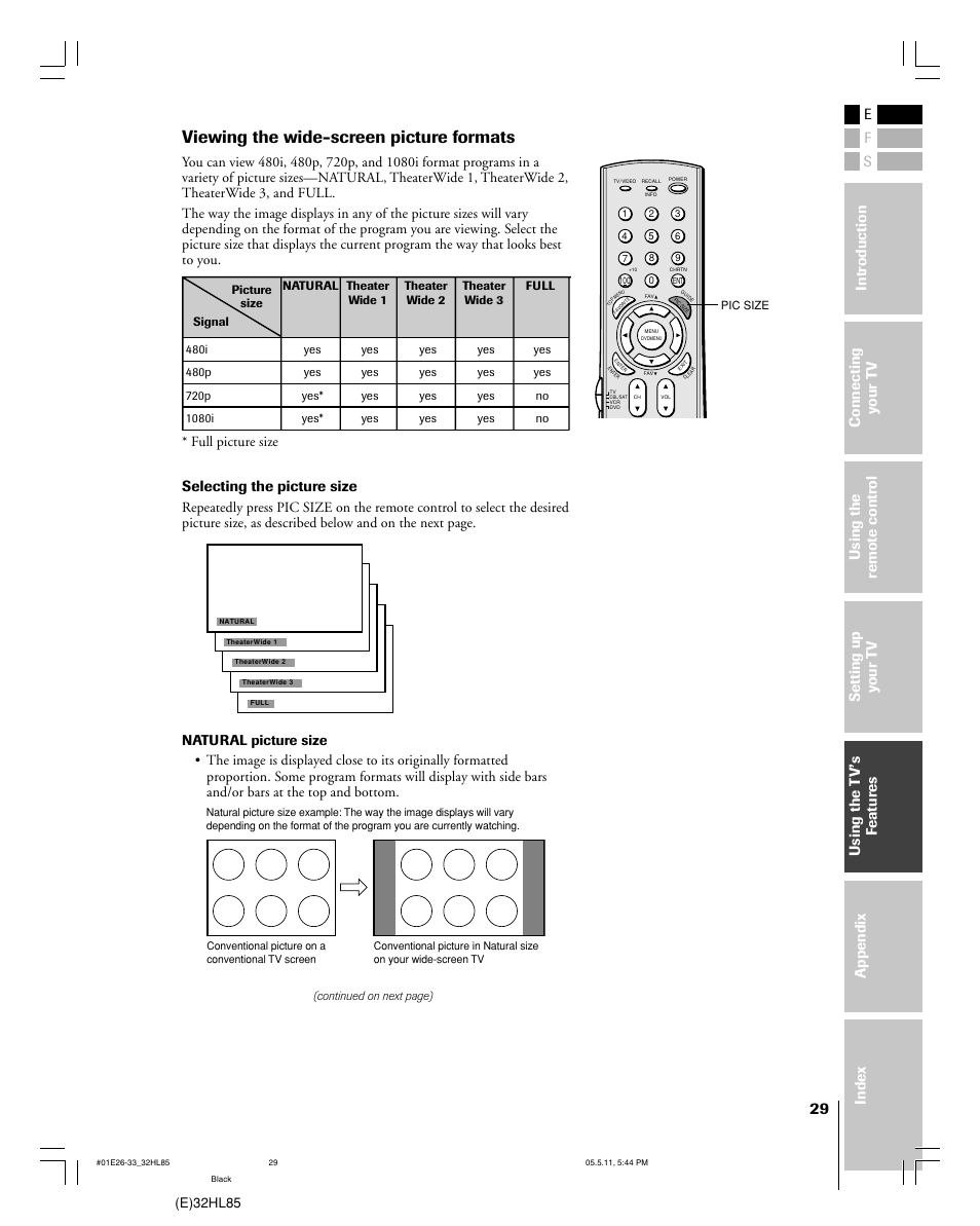 Viewing the wide-screen picture formats, Selecting the picture size, E)32hl85 | Toshiba 32HL85 User Manual | Page 29 / 58